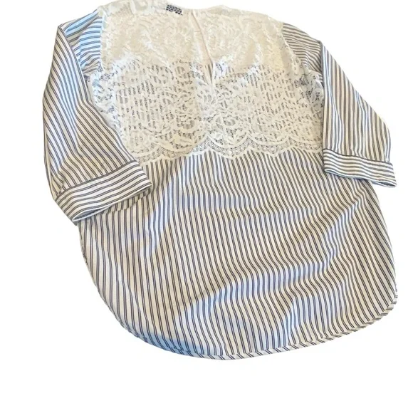 Sandro Navy & White Stripe Lace Detail Tunic Blouse size 2/4 - Picture 2 of 8